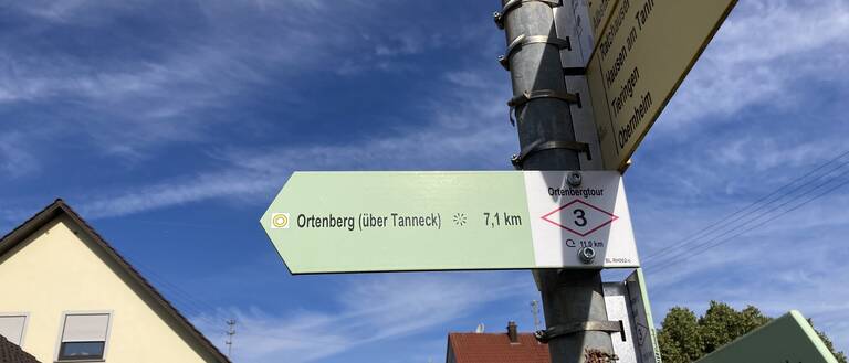 Ein Wegweiser zeigt in verschiedene Richtungen, darunter ein Schild, das auf "Ortenberg (über Tanneck)" in 7,1 km Entfernung hinweist, vor einem blauen Himmel mit ein paar Häusern im Hintergrund. Ein Wegweiser zeigt in verschiedene Richtungen, darunter ein Schild, das auf "Ortenberg (über Tanneck)" in 7,1 km Entfernung hinweist, vor einem blauen Himmel mit ein paar Häusern im Hintergrund.